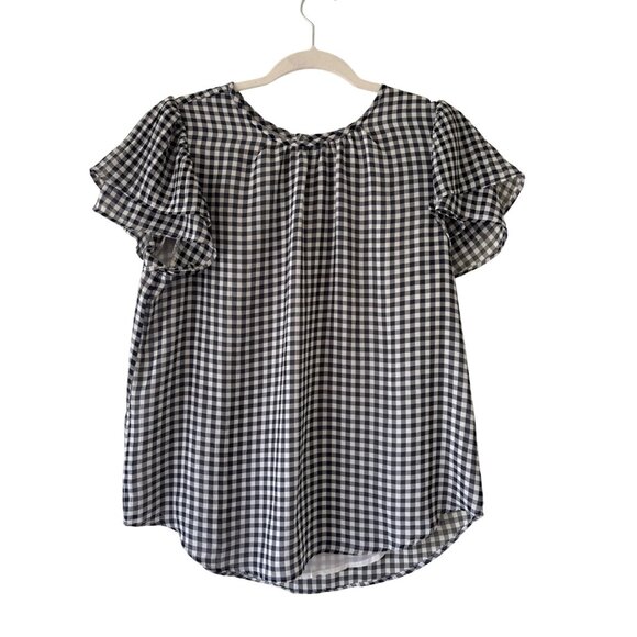 Ann Taylor Gingham Checkered Short Sleeve Blouse With Ruffle Detail - Picture 1 of 10